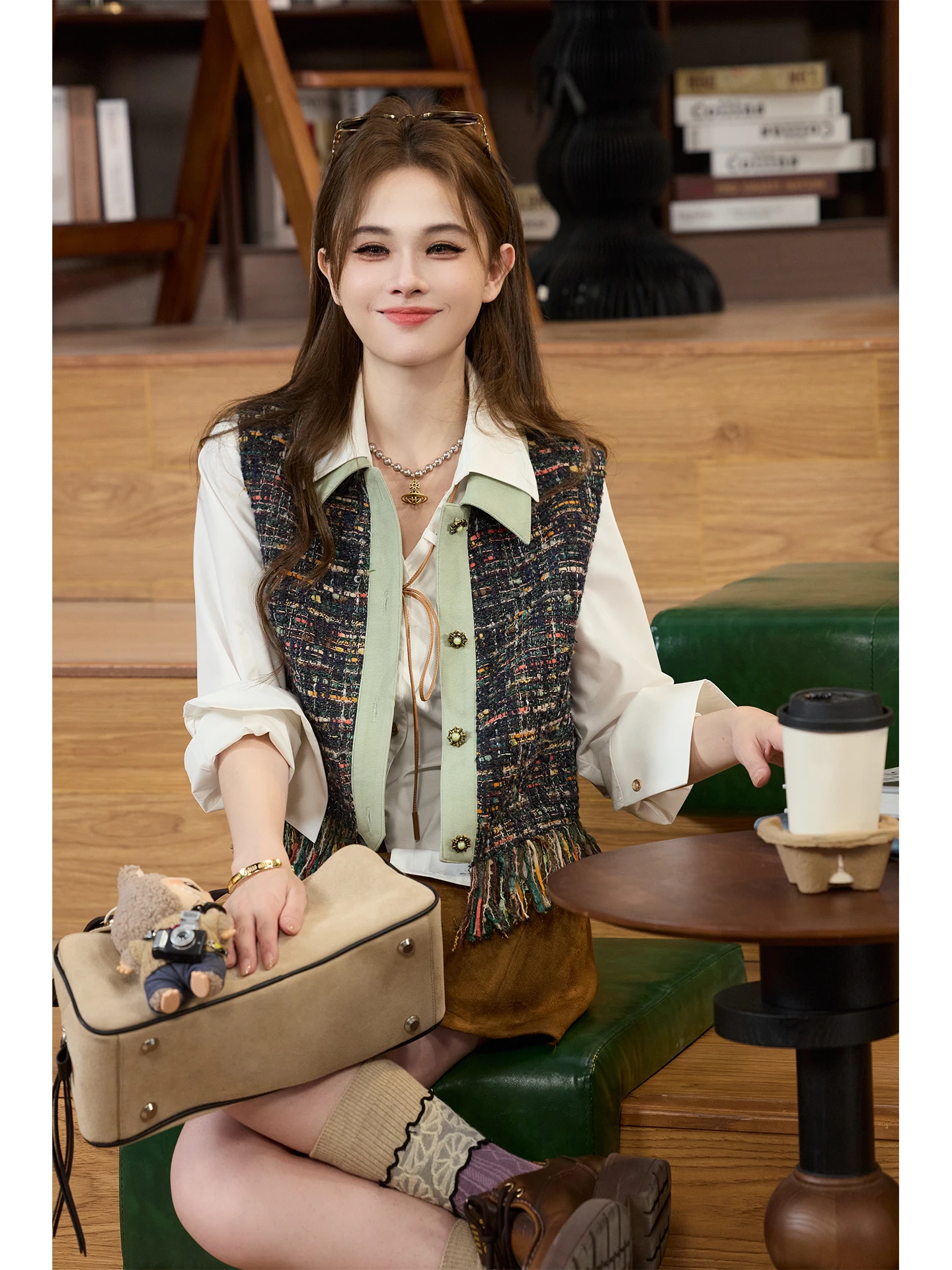 

TUNT Autumn Winter Fake Two-Piece Rainbow Fringe Small Fraance Sle Vest Faionable Collar Regular Length without Bu...