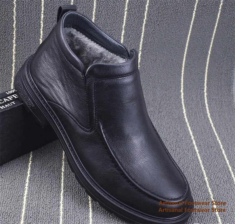 Black Leather Men's Winter Cotton Shoes Thick Velvet High Top Cotton Shoes Cowhide Soft Sole Soft Leather Round Toe Men's Shoes