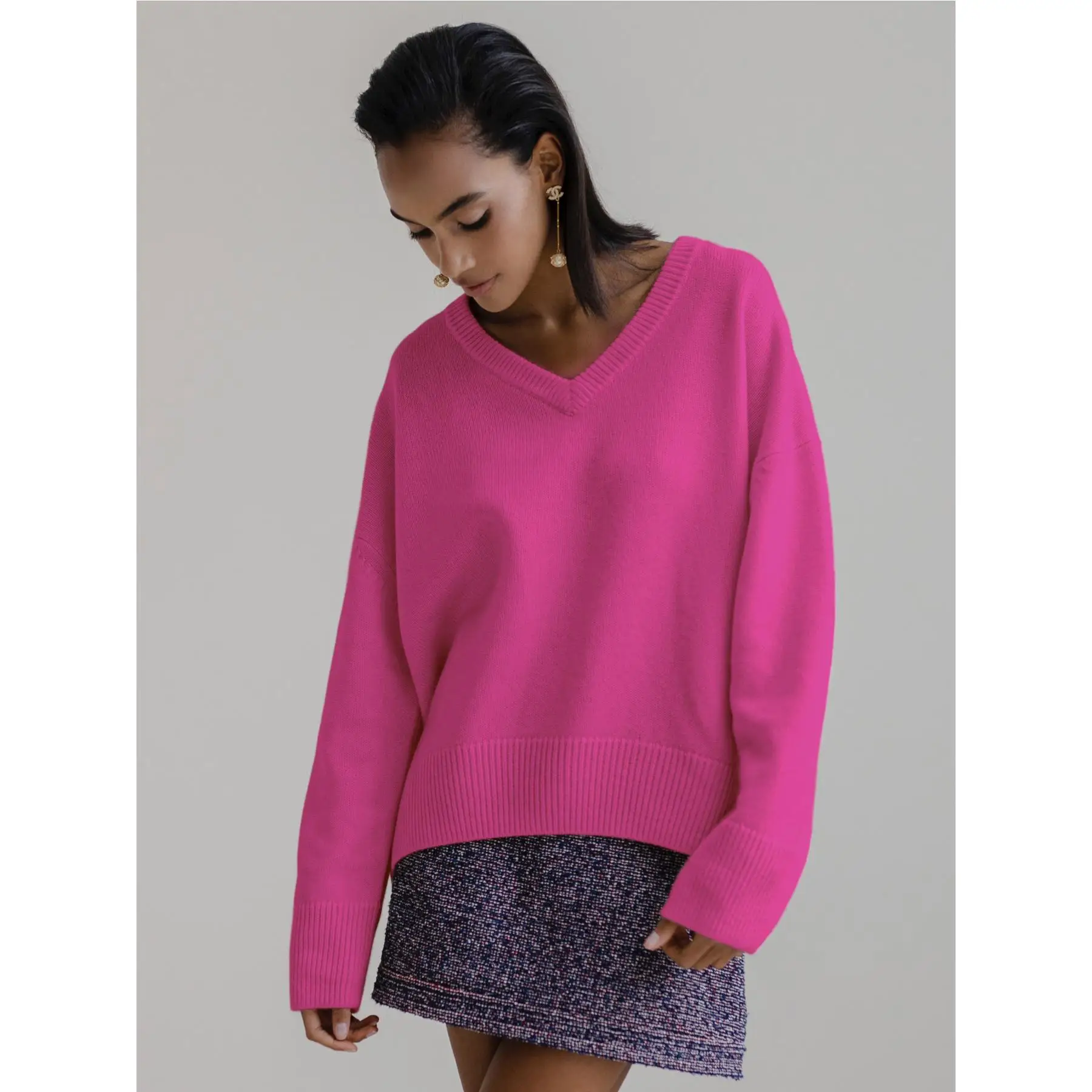 おしゃれな長袖 V ネック ルーズ セーター 秋冬 人気スタイル レディース ニットウェア カジュアル 快適 ヨーロッパ アメリカン スタイル