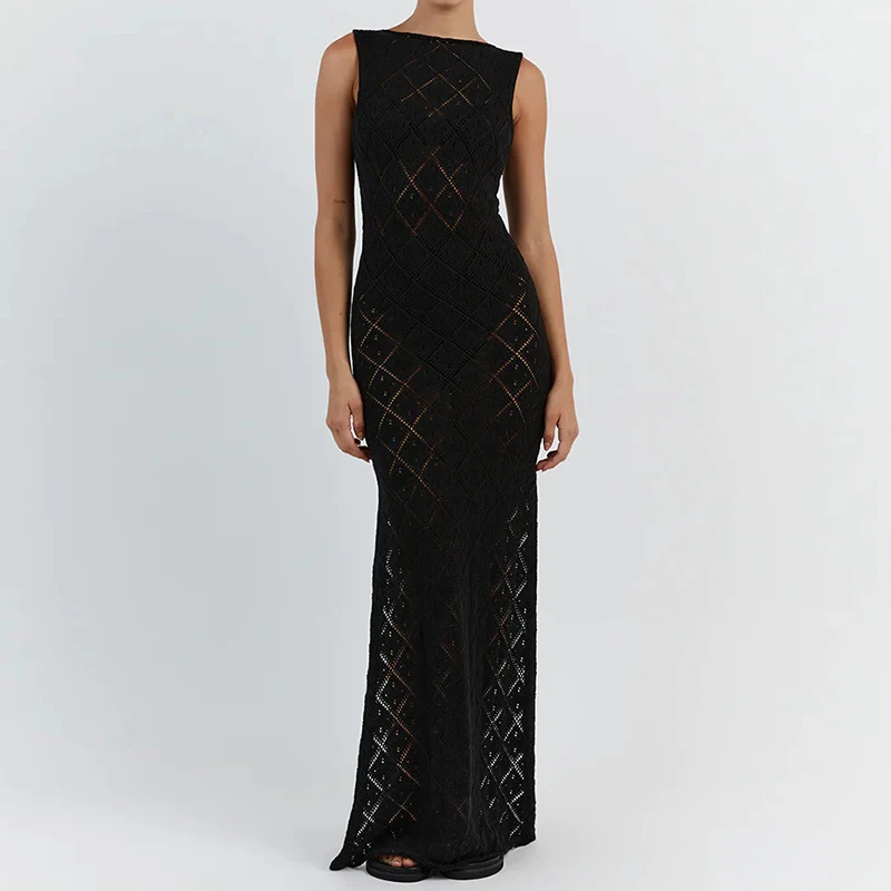 New Arrival Women Knitting Round Collar Beachwear Cover Up Summer Vacation Sunscreen Long Dress Ladies Hollow Out Slim Dress