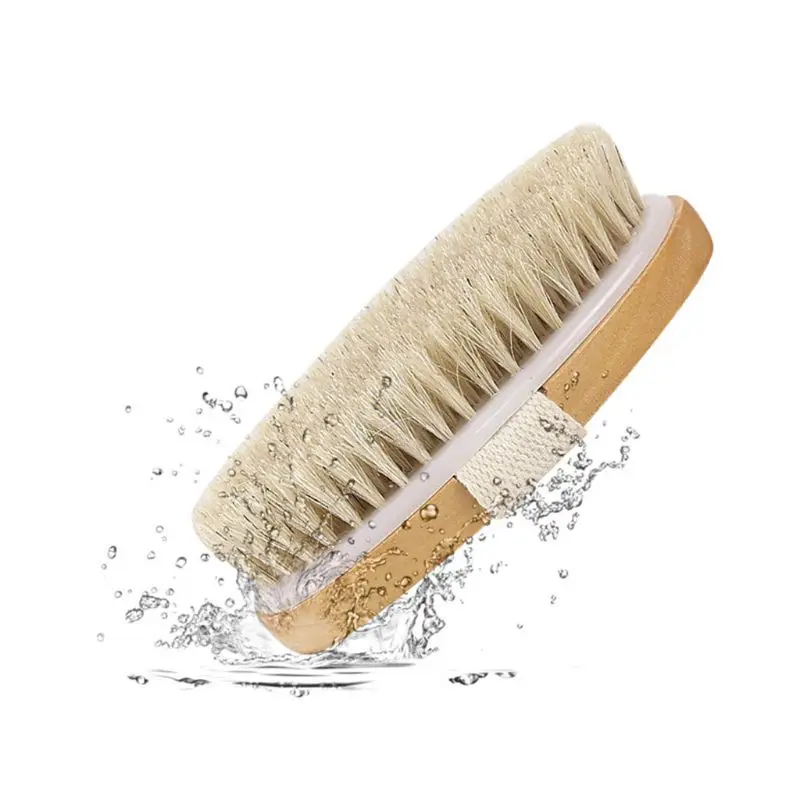 R1WA Natural Bristles Back Scrubber Shower Brush With Detachable Long Wooden Handle D