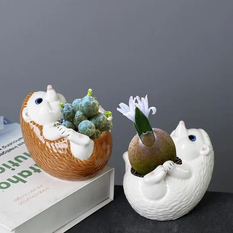 Creative Office Succulent Plant Pot Cute Hedgehog Porcelain Flower Pot Breathable Vase with A Hole Planter Container Home Decor