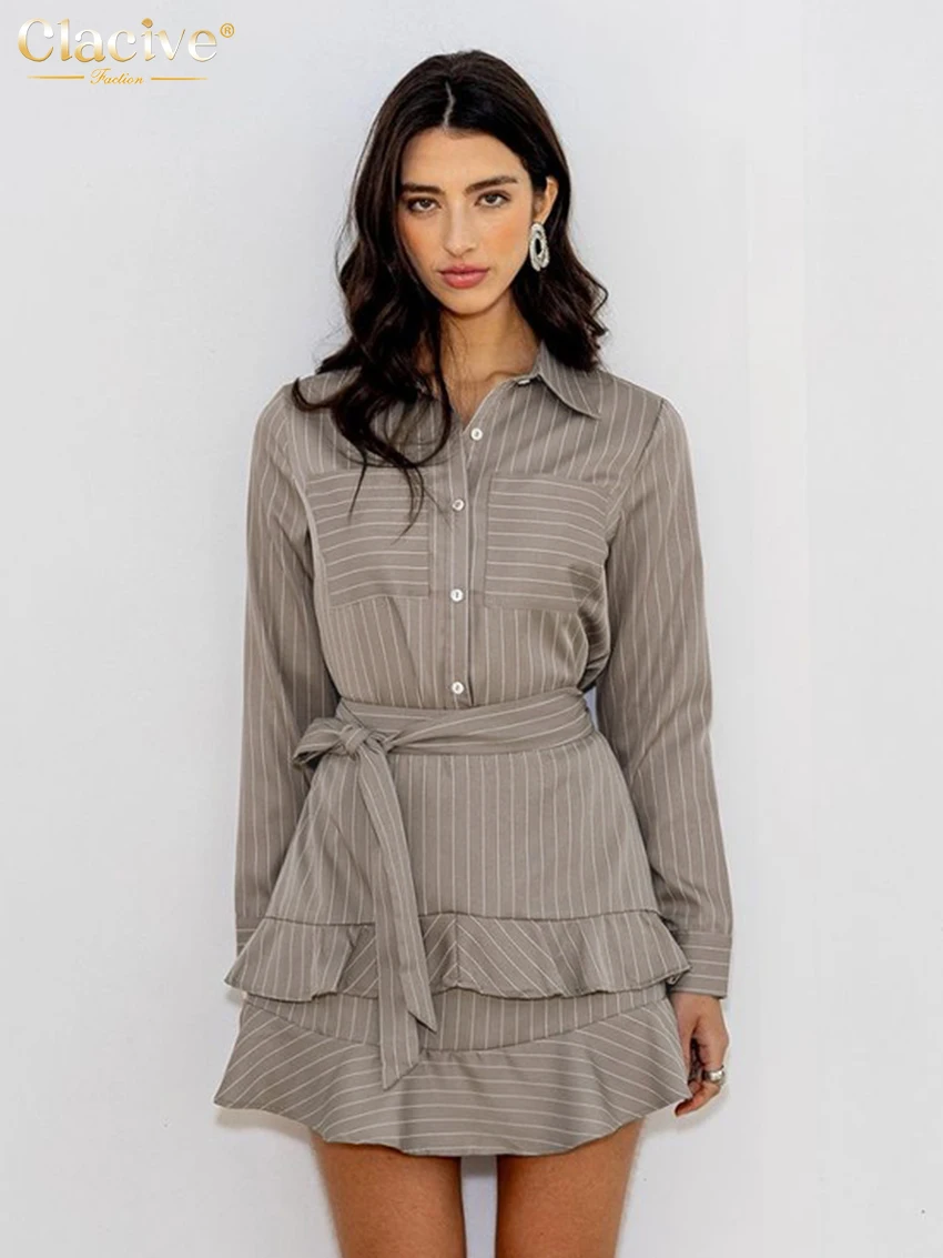 Clacive Fashion Loose Khaki Stripe Skirt Sets For Women 2 Pieces 2025 Elegant Long Sleeve Shirt With High Waist Mini Skirt Set