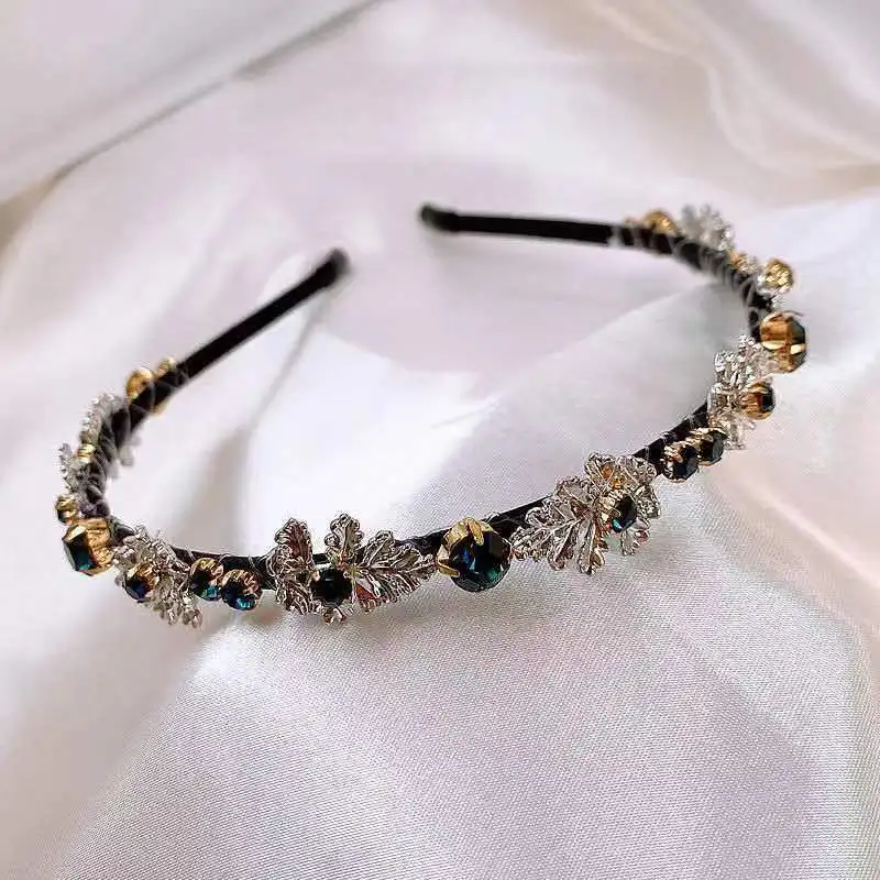 Elegant Crystal Leaves Headbands Korean Fashion Rhinestone Retro Hairbands Women Crown Hoop Accessoires Femme