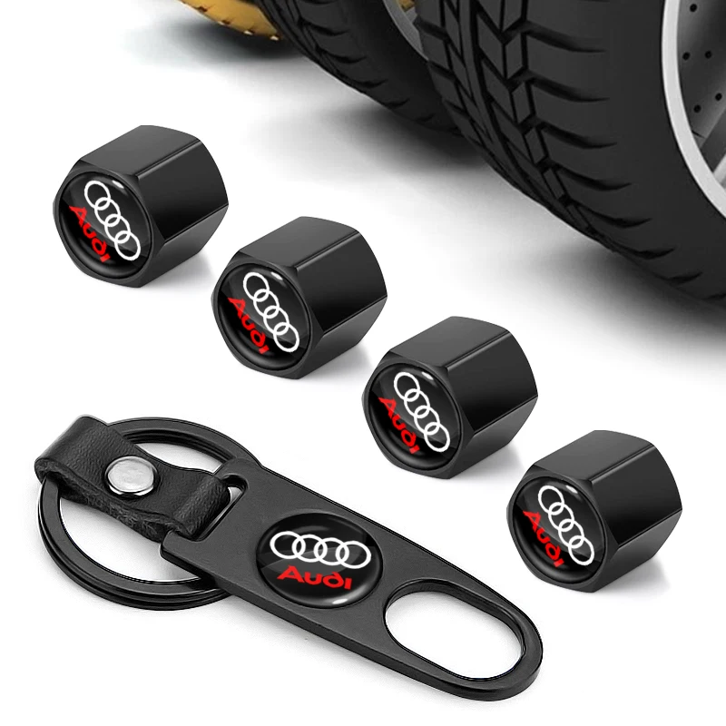 Badge Emblem Keychain Key Ring with Auto Tire Valve Caps Tyre Dust Cap Styling for Audi A3 Q5 B9 B7 C6 A4 B8 8P 8V B6 A5 A6 C7