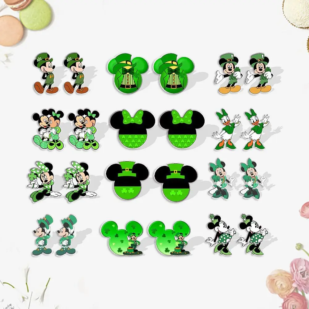 Disney Mickey Mouse Stud Earrings St. Patrick's Day Mickey Minnie Green Irish Cartoon Party Fashion Jewelry Accessories Kid Gift