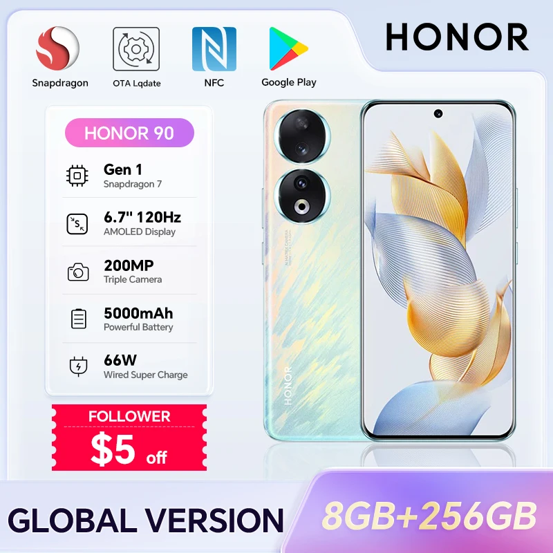 HONOR 90, 8GB+256GB, 6.7” Screen, 5G Smartphone, Dual SIM, 200MP Triple Camera, Fast Charging, Android Phone