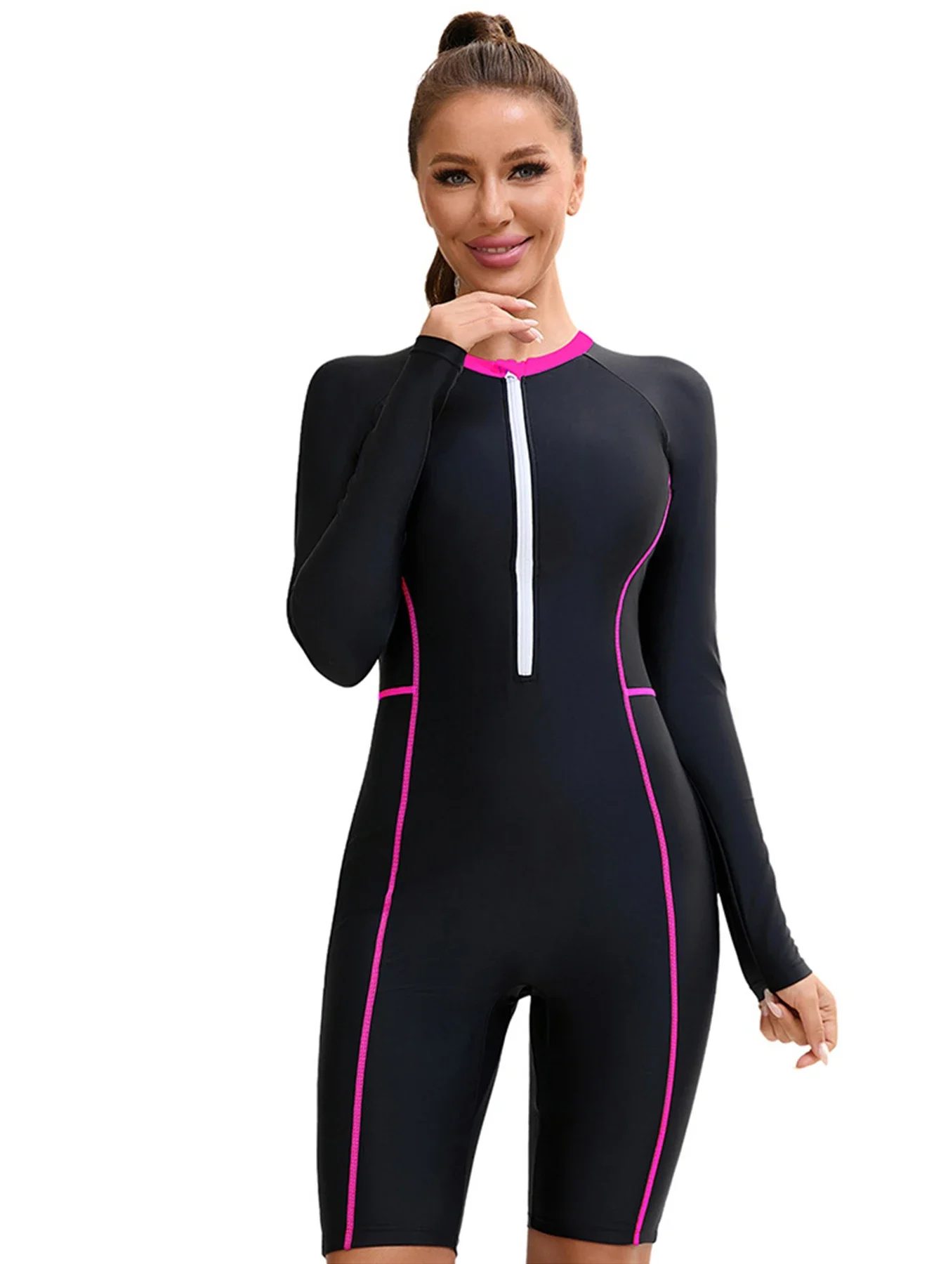 2025 nuevo traje de baño deportivo de una pieza de retazos para mujer, traje de baño de manga larga con cremallera, trajes de baño profesionales para mujer, ropa de playa