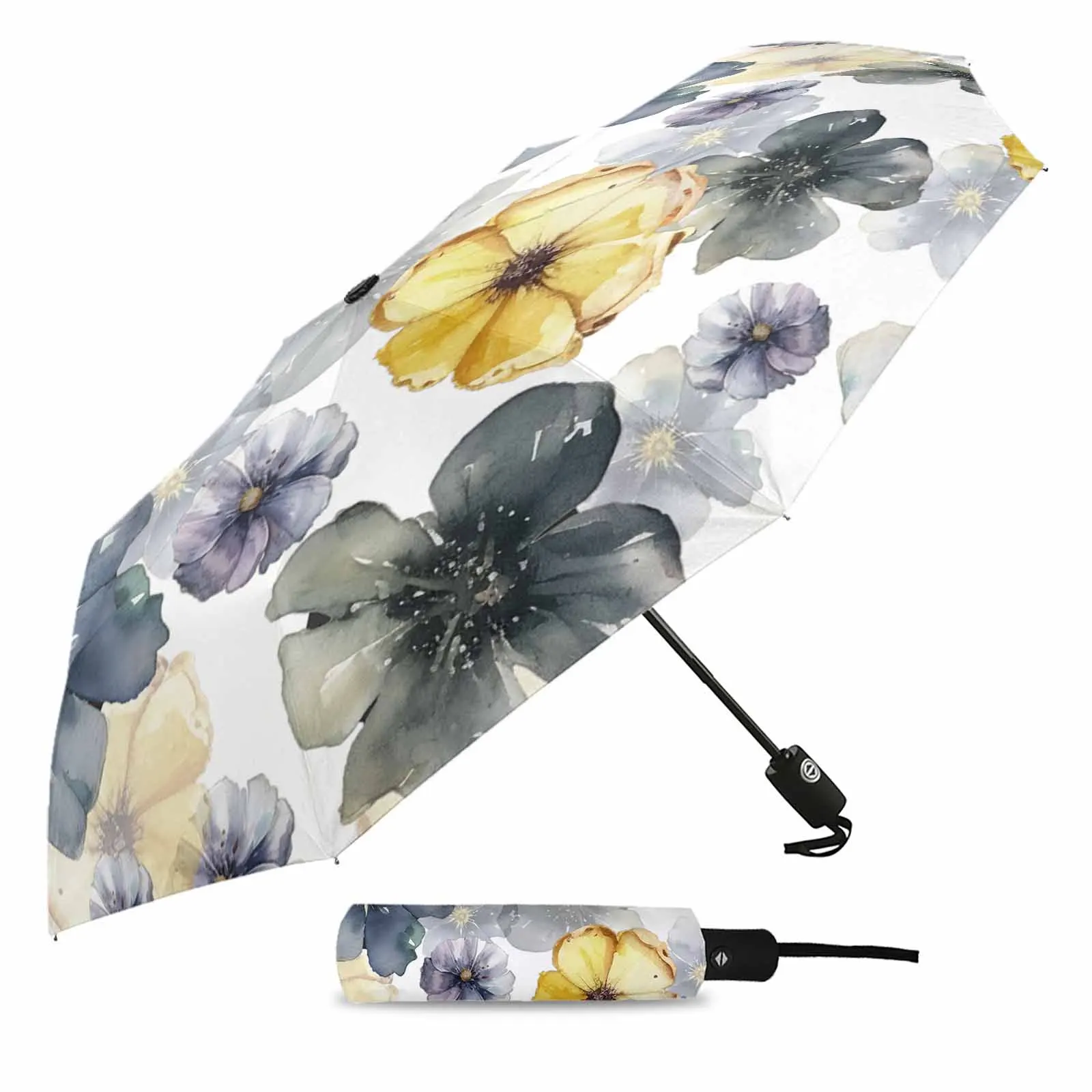 Plant Lemon Yellow Blue Purple Flower Watercolor Outdoor Fully-automatic Folding Eight Strands Umbrellas for Kids