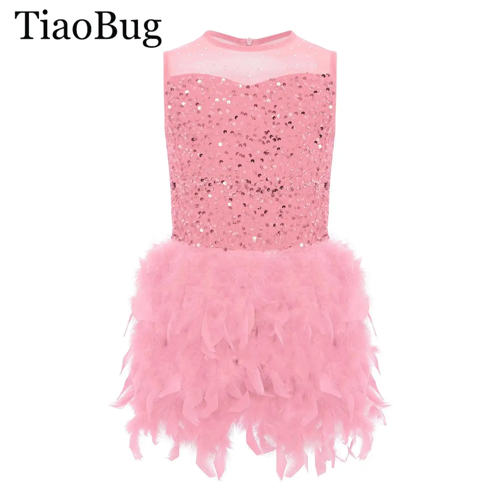 

Girls Gymnastics Jazz Dance Dress Skating Ballet Leotard Costume Sequin Bodice Feather Tulle Skirted Velvet Tutu Dress Dancewear