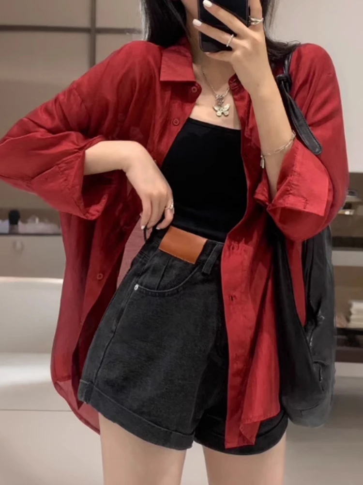 Printemps soie lâche femmes irt Protection solaire col Long Sve Polyester Fiber 2024 nouveau Sle trajet Sle couleur Pure