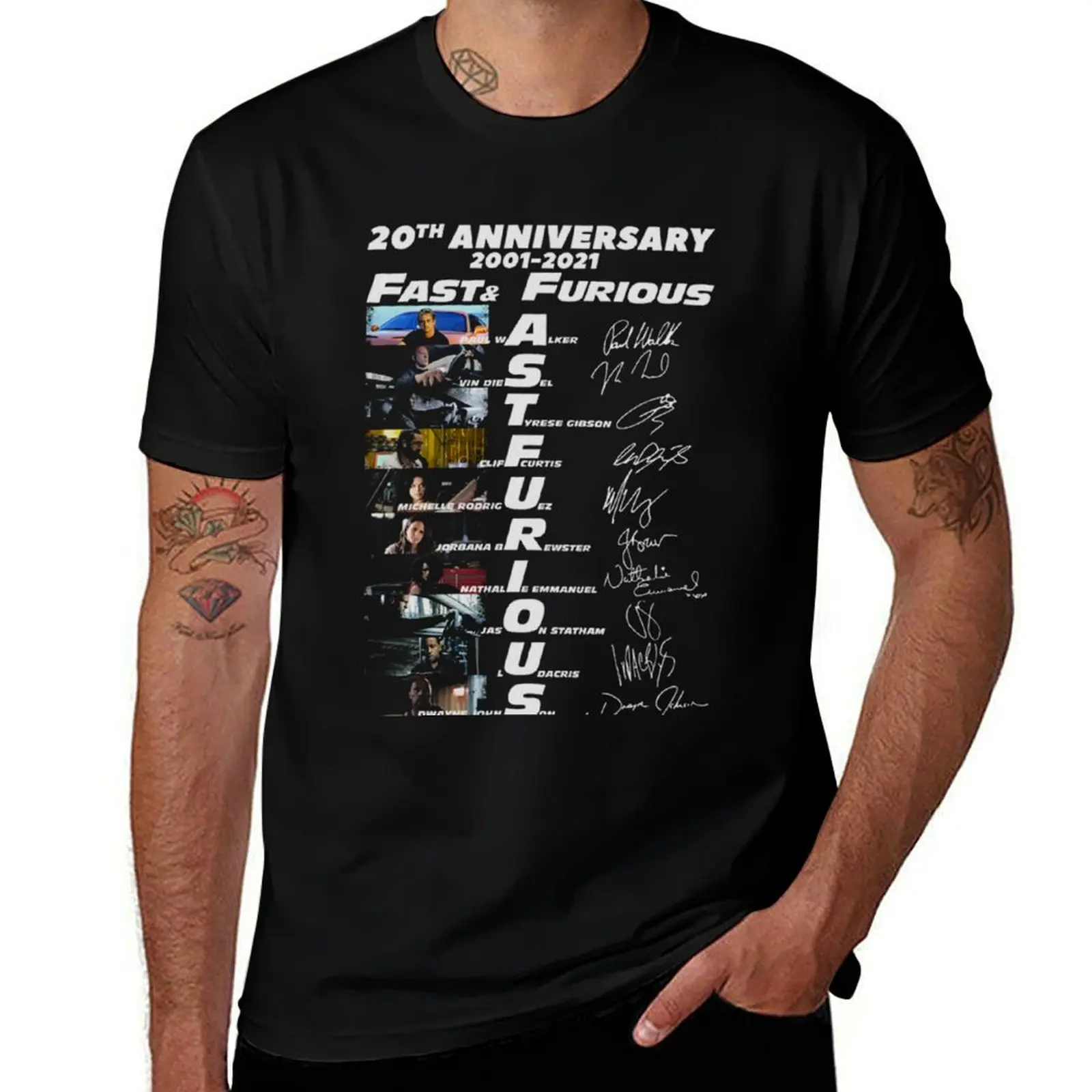 

20th Anniversary 2001 2021 Fast Furious Signatures T-Shirt cotton t shirts man 100% funny t shirts dark humor T-Shirt