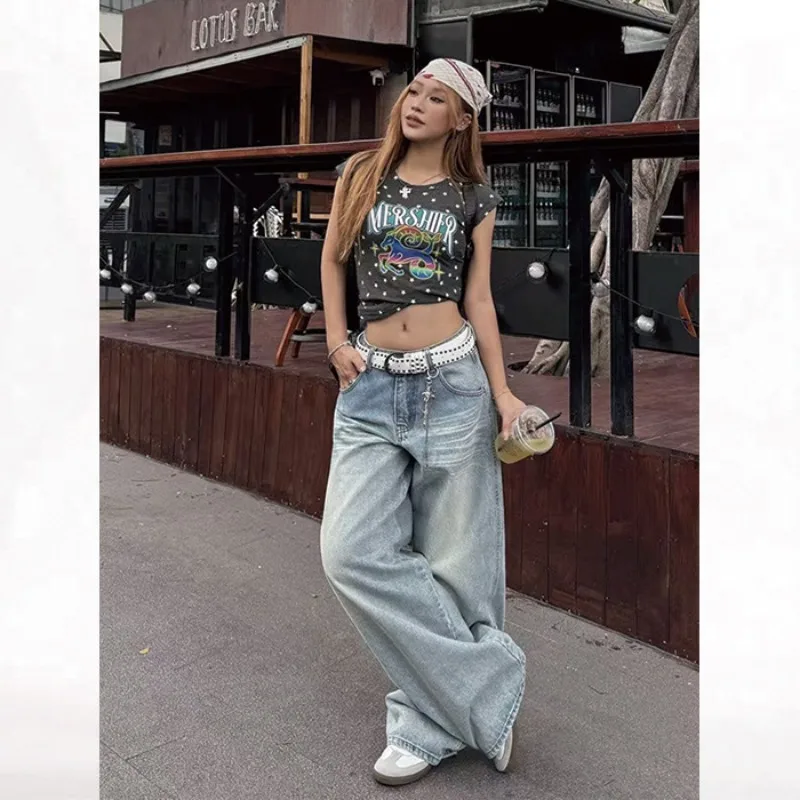 

Vintage Y2k Embroidery Jeans Women Blue High Waist Straight Baggy Denim Trousers American Retro 90s Street Wide Leg Jeans 2026