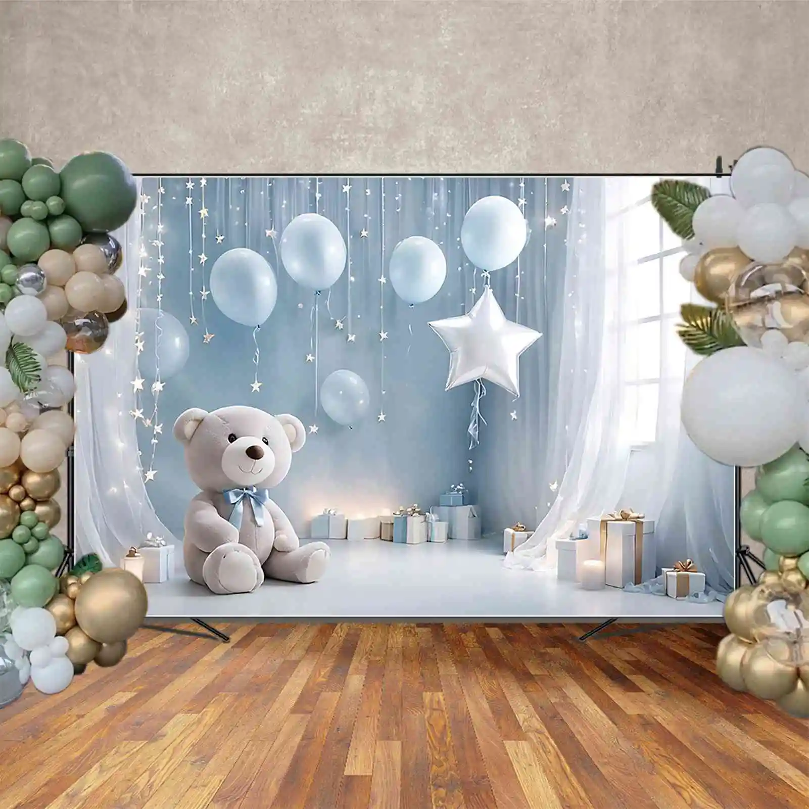 MOON.QG-cortinas de oso de peluche para niños, telón de fondo de un cumpleaños, globo azul, fondos blancos, decoración de fiesta personalizada, accesorios de Photozone