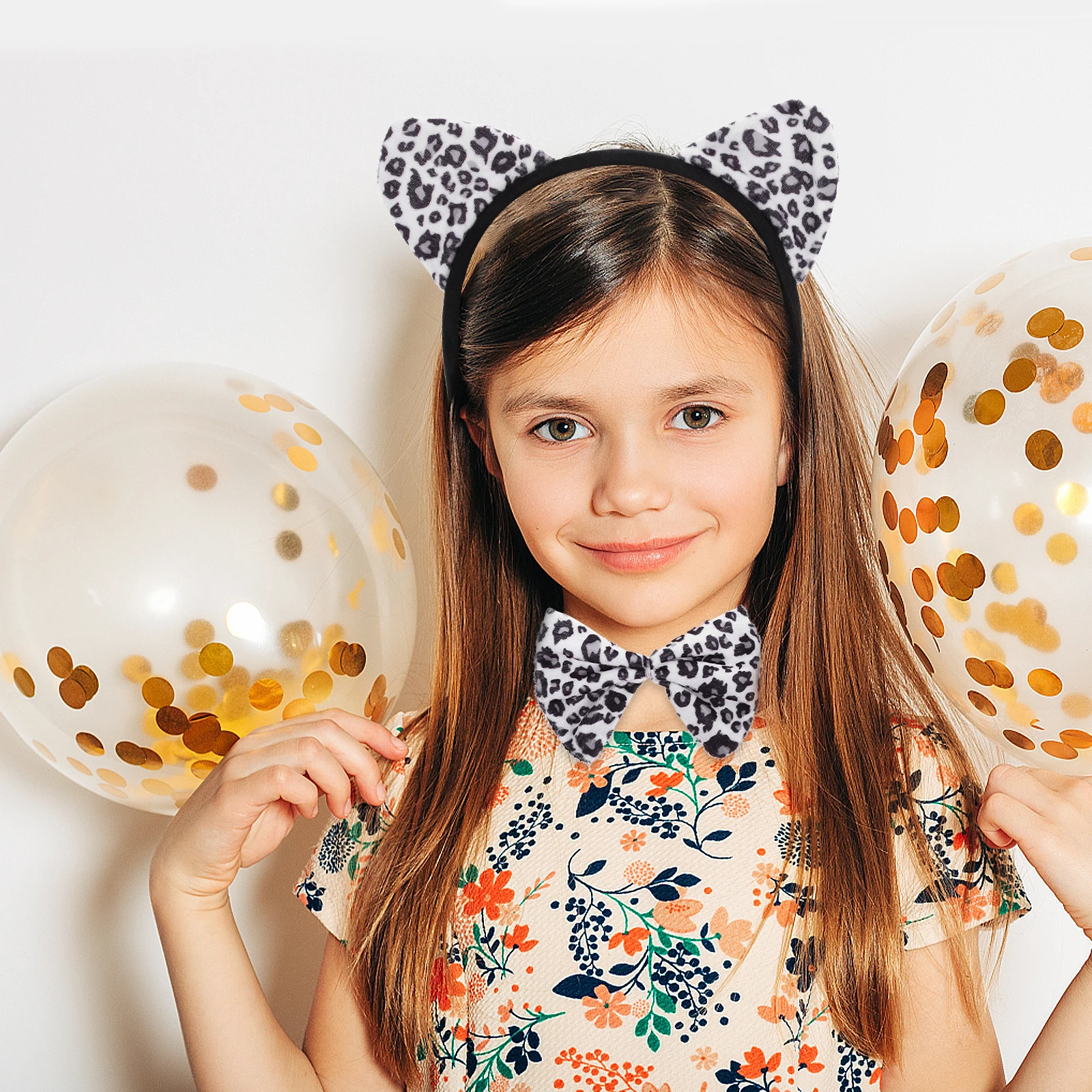 1Set Snow Leopard Ears Headband Animal Themed Costume Set with Tail Bow Tie for Festival Birthday Party Headdress Gift