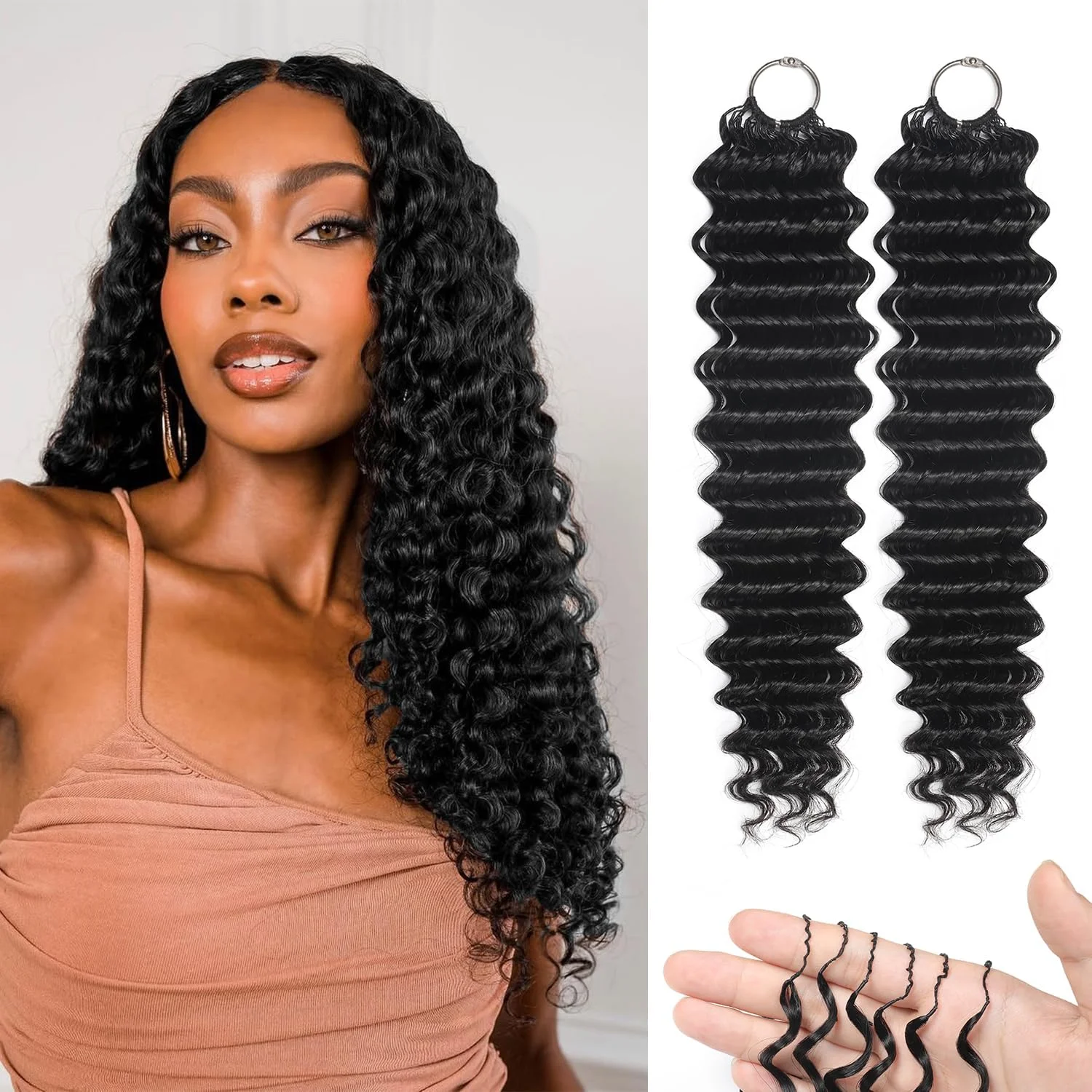 Extensions de cheveux humains au crochet réutilisables, ondulation profonde, effet plume, légères, sans nœuds, pré-séparées, nœuds invisibles, extensions capillaires effet miracle, effet mouillé et ondulé, pour femmes