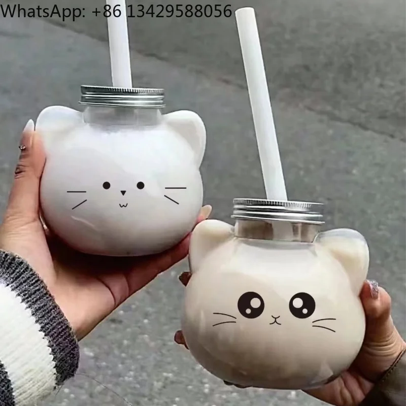 カスタム500ml（16オンス）可愛い動物猫型水筒、テイクアウトドリンク包装容器、ミルクティー、タピオカドリンク用カップ（蓋付き）