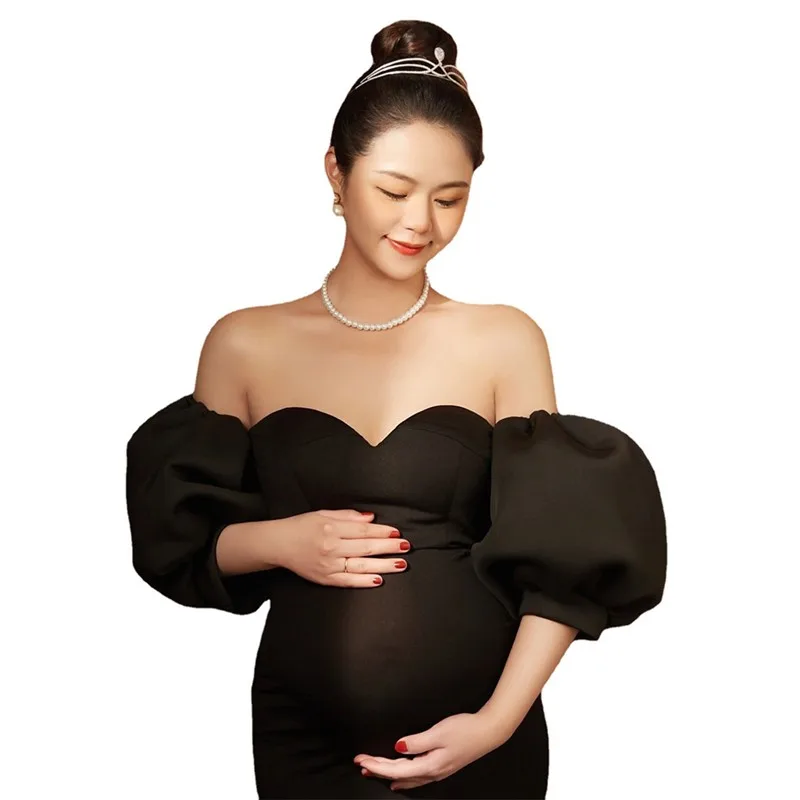 Black Puff Sleeves Maternity Photography Props Dresses Pregnant Woman Photo Shoot Outfit Long Dresses Baby Shower Party Dress