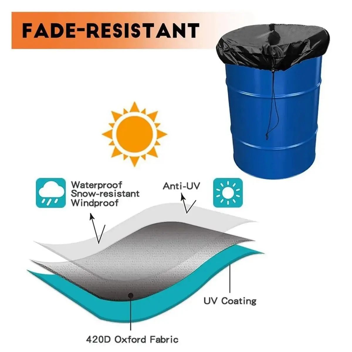 55 Gallon Drum Cover with Stretchable Drawstring Fit Most Water and Trash Can Waterproof Rain Cover