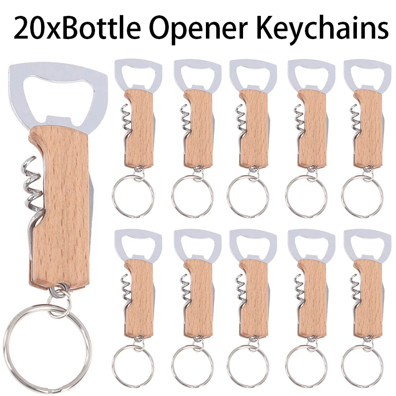 

20Pcs Red Wine Corkscrew 3 In 1 Multi-function Bar Keychain Wooden Beer Wine Bottle Opener