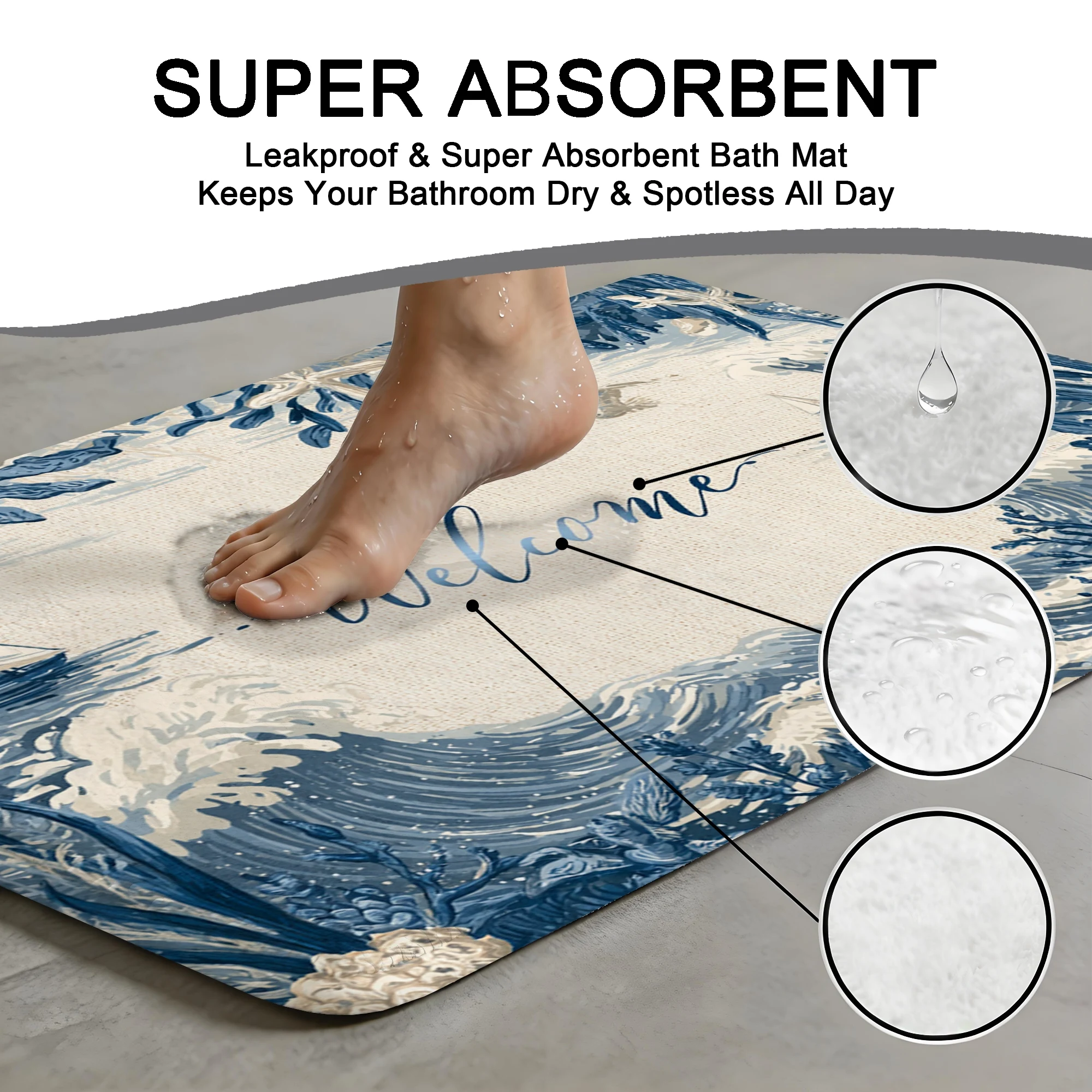 Nautical Welcome Ocean Wave Print Short Plush Absorbent Sponge Floor Mat,Bath Non‑Slip Doormat & Decorative Door Mat