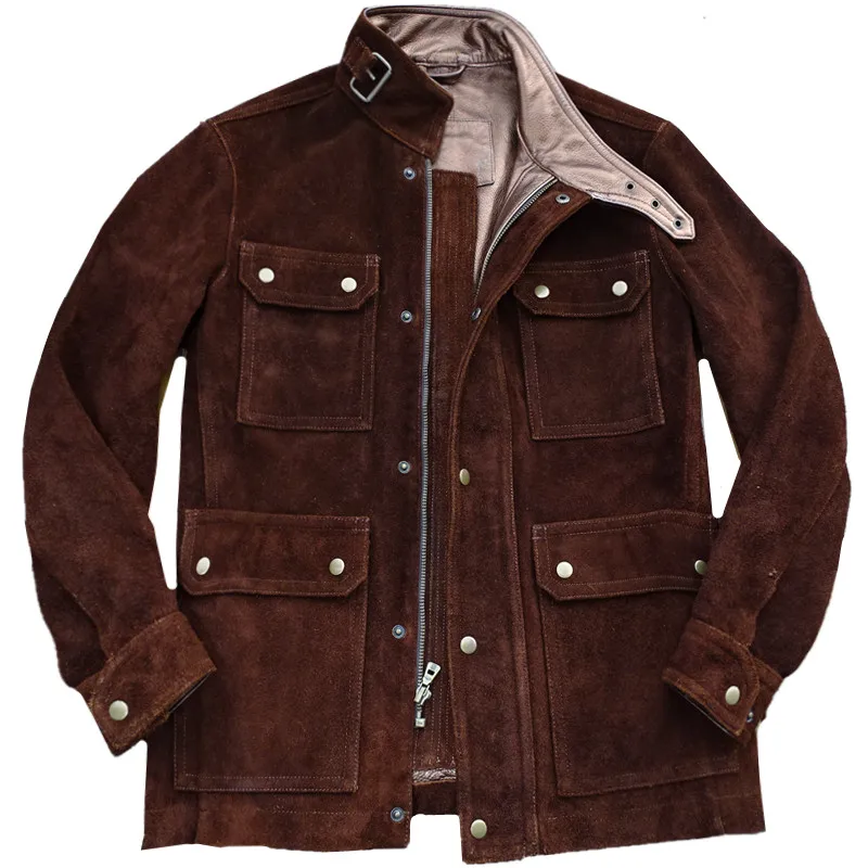 

Men's Suede Field Jacket Cowhide Multi-pockets Heavy Loose Stand Collar Safari Coat Motorcycle Clothing for Male UK Fashion