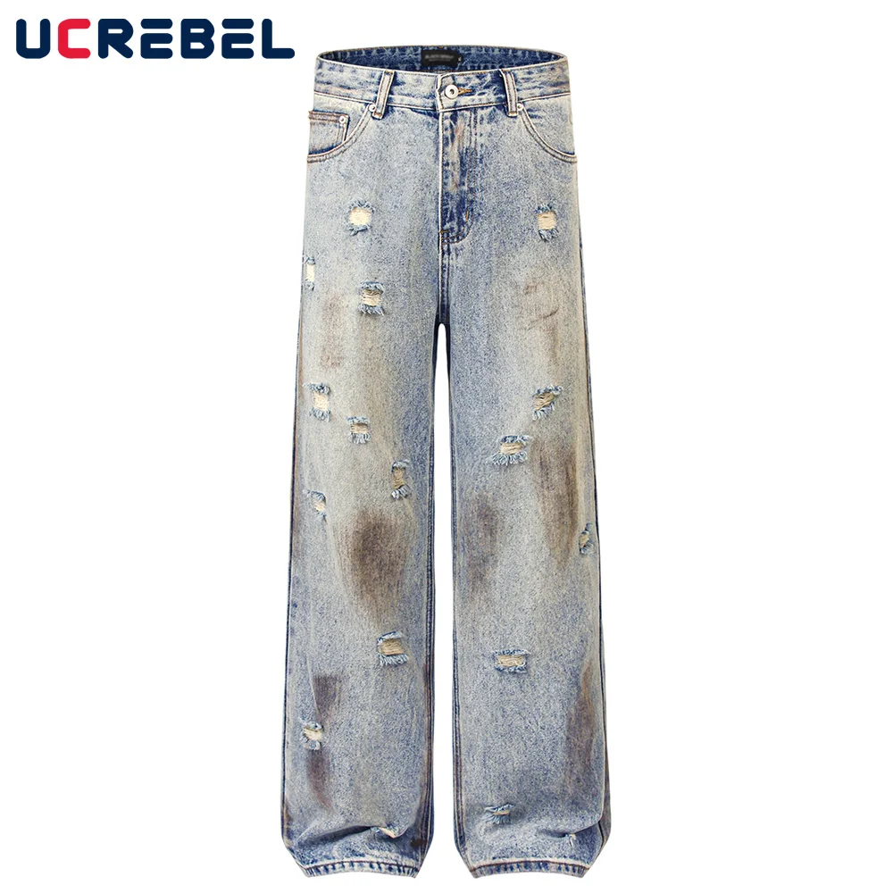 

Ripped Beggar Jeans Mens High Street Washed Distressed Loose Wide leg Pocket Dirty wash Denim Pants Men