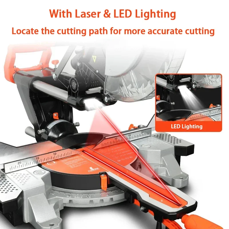 305mm (12 Inch) Single Bevel Sliding Miter Saw – Laser & LED Light Electric Cutter for Wood & 45° Aluminum Sawing