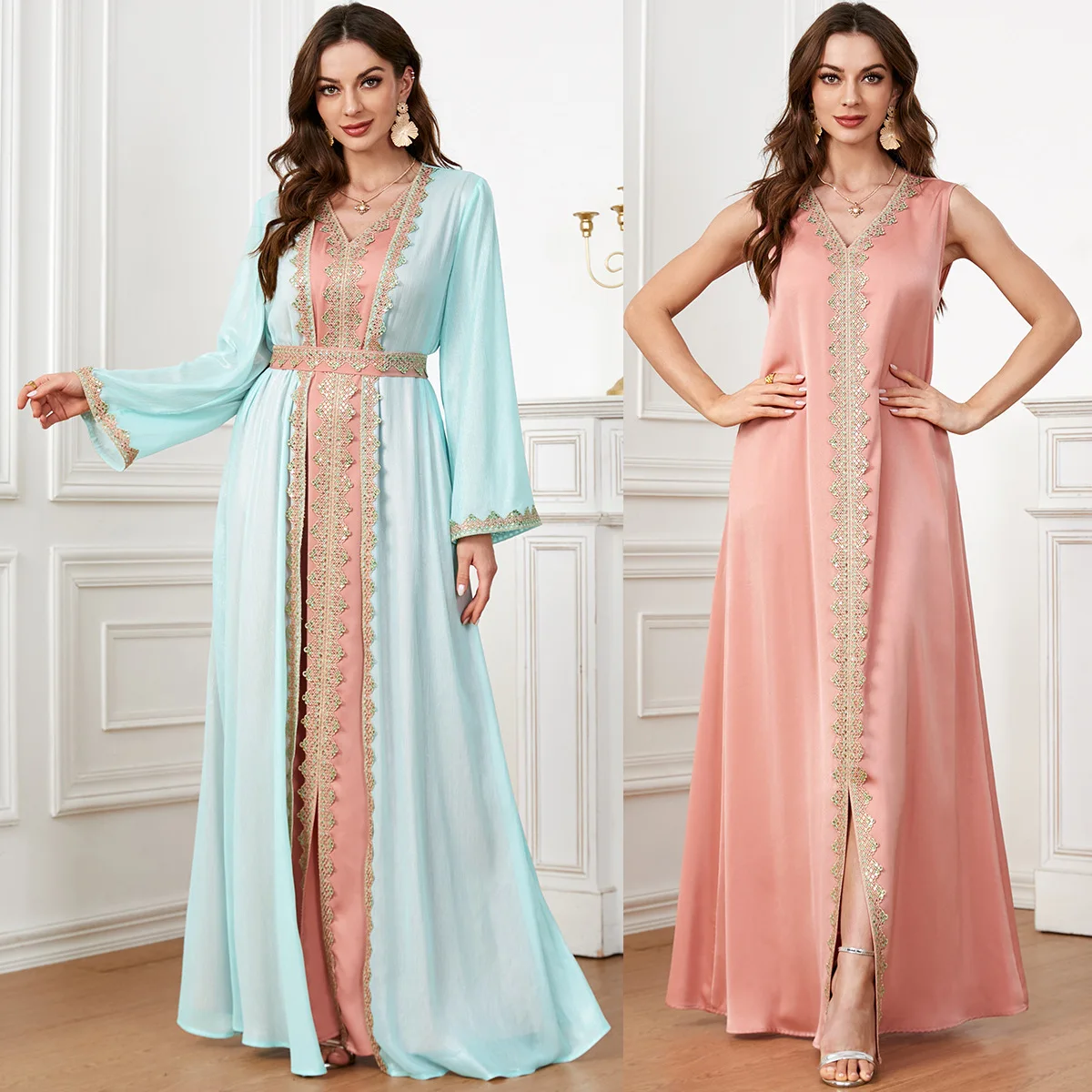 3496 Dubai Elegant Cardigan Two Piece Set Women's Long Skirt Muslim Robe Dress