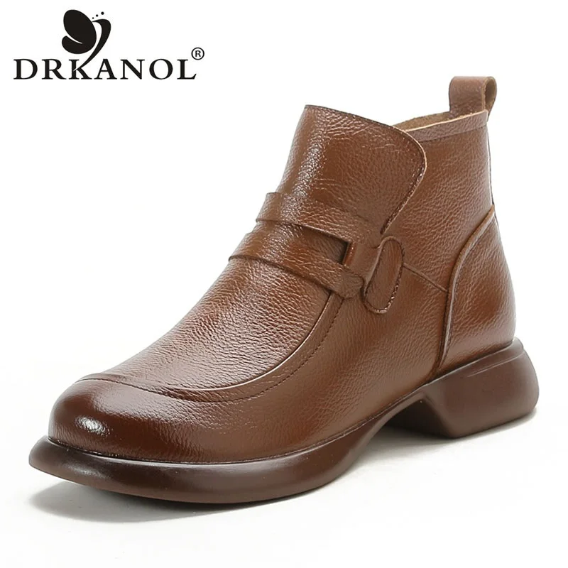 

DRKANOL 2026 Fashion Women Genuine Cow Leather Snow Boots Winter Retro Style Casual Flats Heel Plush Warm Short Ankle Boots Lady