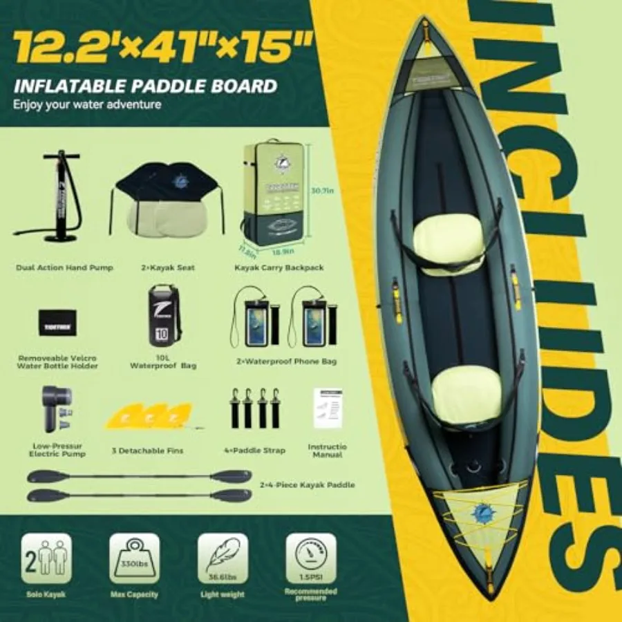Inflatable Touring Kayak For Lake River And Fishing Use, Pvc Material, Blue And Gray, Lightweight With Waterproof Seat And Full