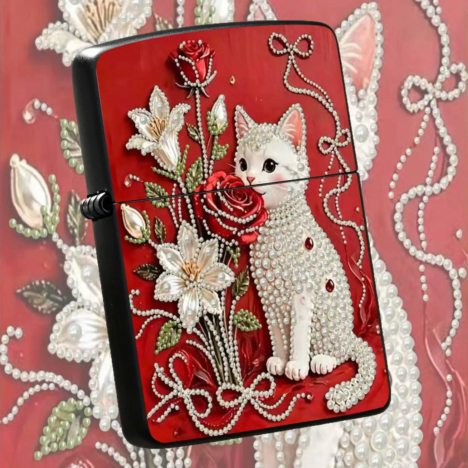Creative Pearl-style Cute White Cat Lighter, Retro Red Background With Romantic Roses Lilies Exquisite Ornament, Full-scenario Adapted Portable Daily Tool, Thoughtful High-aesthetic Practical Gift For A Humorous And Interesting Lighter