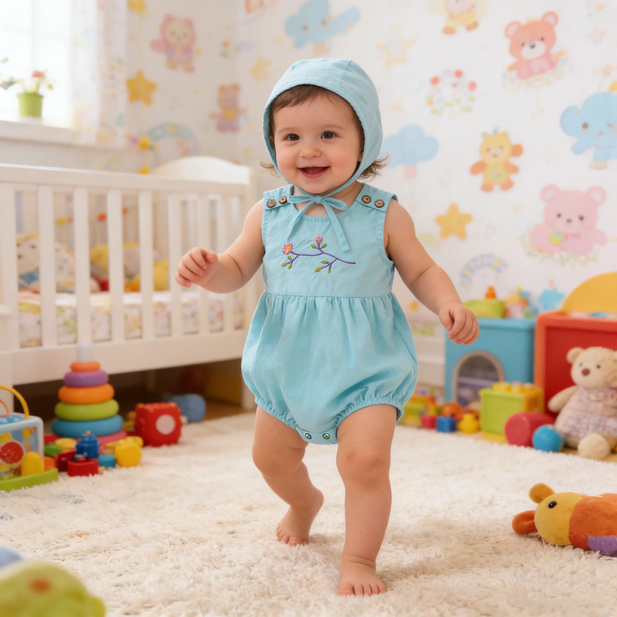Neugeborenen Baby Jungen Mädchen Strampler mit Gesticktem Blumenzweig-Design Ärmelloser Body mit Mütze für Säuglinge