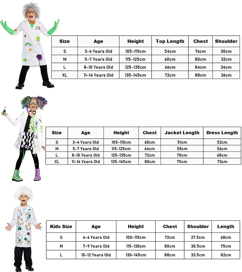 2024 Unisex Boy Raving Mad Scientist Costume Girl Kid Crazy Scientist Halloween Purim Cosplay