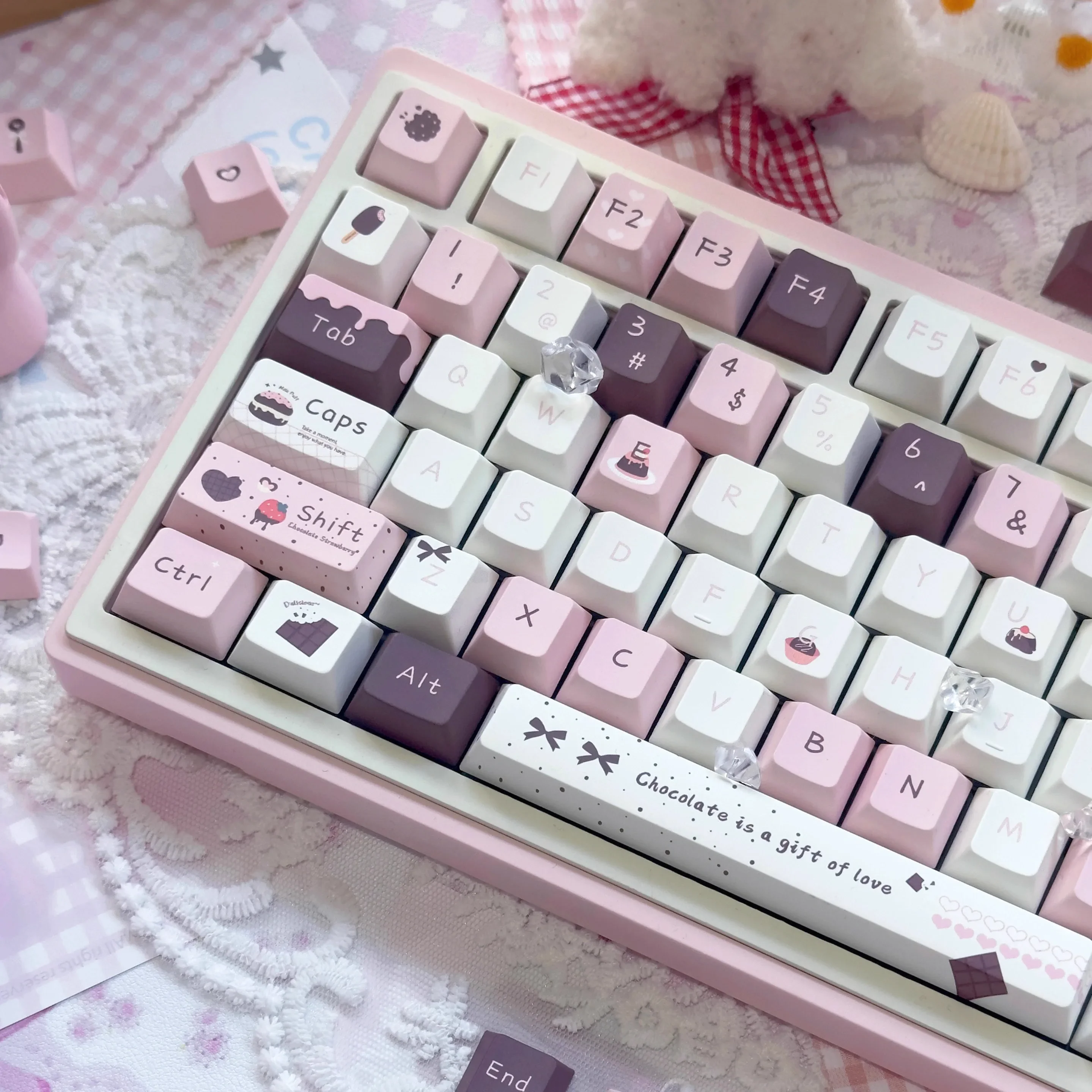 Pink Berry Chocolate Themed Keycap 145-Key Cherry Profile PBT Dye Sublimation Custom Mechanical Keyboard Pink Peripheral Keycaps