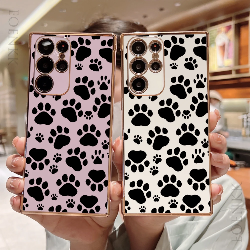 Glossy Dog Paw Print Electroplated TPU Case for Samsung Galaxy S24 S23 S22 S21 FE A55 A54 A34 Slim Anti-Scratch Trendy Gift