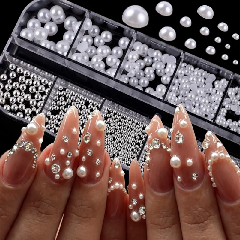 White Pearls Nail Charms 3D Mixed Beads Nail Art Decorations Half Pearls Nail Jewelry Parts DIY Ornaments Manicure Accessories