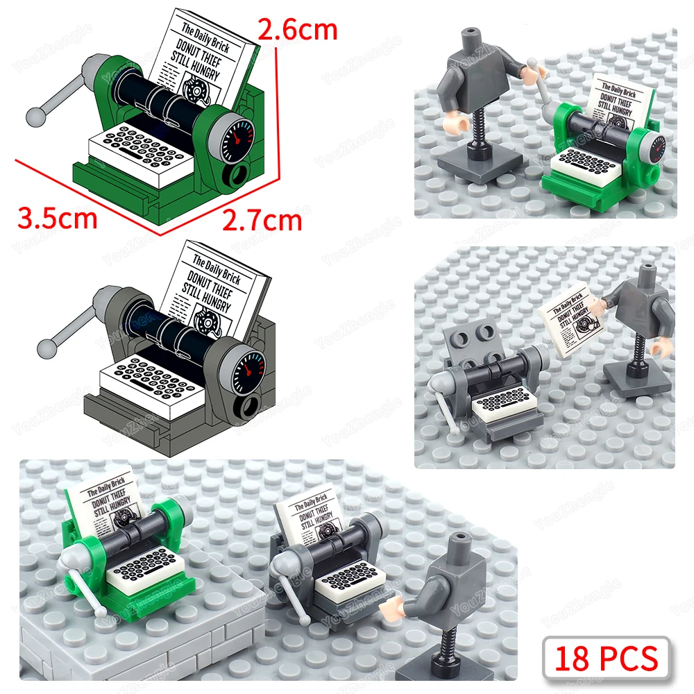 

Ключевая пишущая машинка, модели строительных блоков MOC, фигурки, промышленная революция, компьютерная клавиатура, прототипное оборудование, соответствующие сцены, игрушки