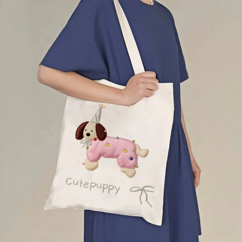 

1pc Cute "Cutepuppy" Print Canvas Tote Bag, Casual Shoulder Shopper, Reusable Daily Carry Bag