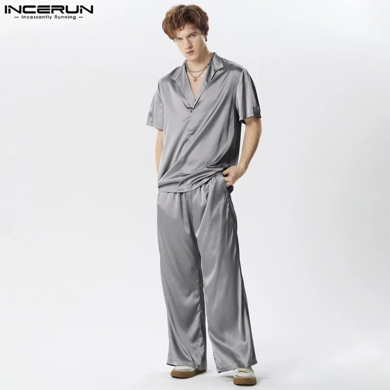 2024 Men Sets Solid Color Streetwear Satin Lapel Short Sleeve Shirt & Pants Two Pieces Sets Summer Men\'s Casual Suits INCERUN