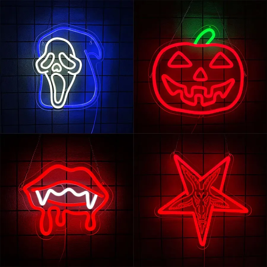 Halloween Ghost Pumpkin Neon Sign,Ghost Face Neon Light Spooky Skull LED Sign for Bedroom Game Room Mancave Bar  Party Decor