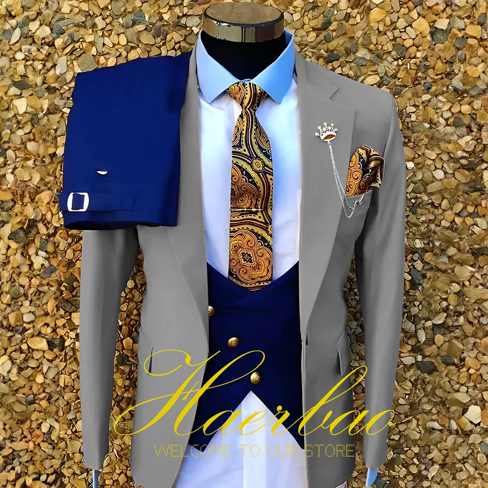 Traje de boda para novio para hombre, abrigo amarillo con chaleco azul, pantalones ajustados, traje Formal de 3 piezas, traje de fiesta hecho a