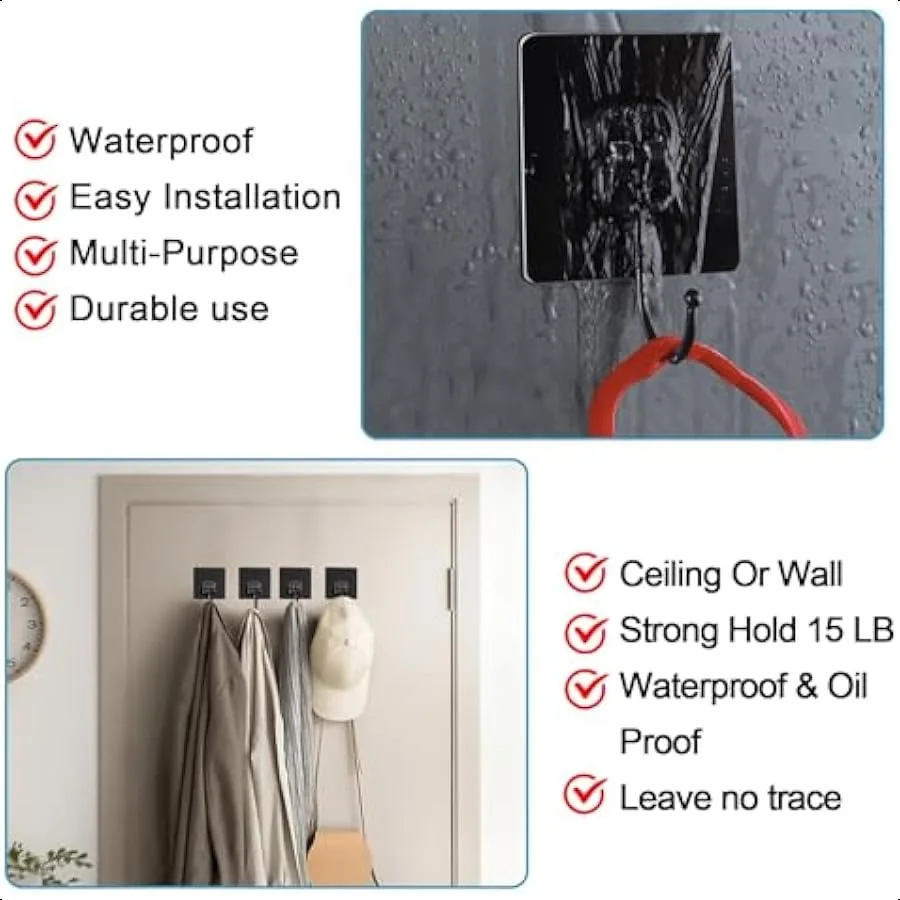 خطافات حائط لاصقة، عبوة سوداء مكونة من 10 خطافات حمام مقاومة للماء ومقاومة للصدأ تصل إلى 30 رطلًا كحد أقصى. مثالية للتعليق مناسبة للحمام #3