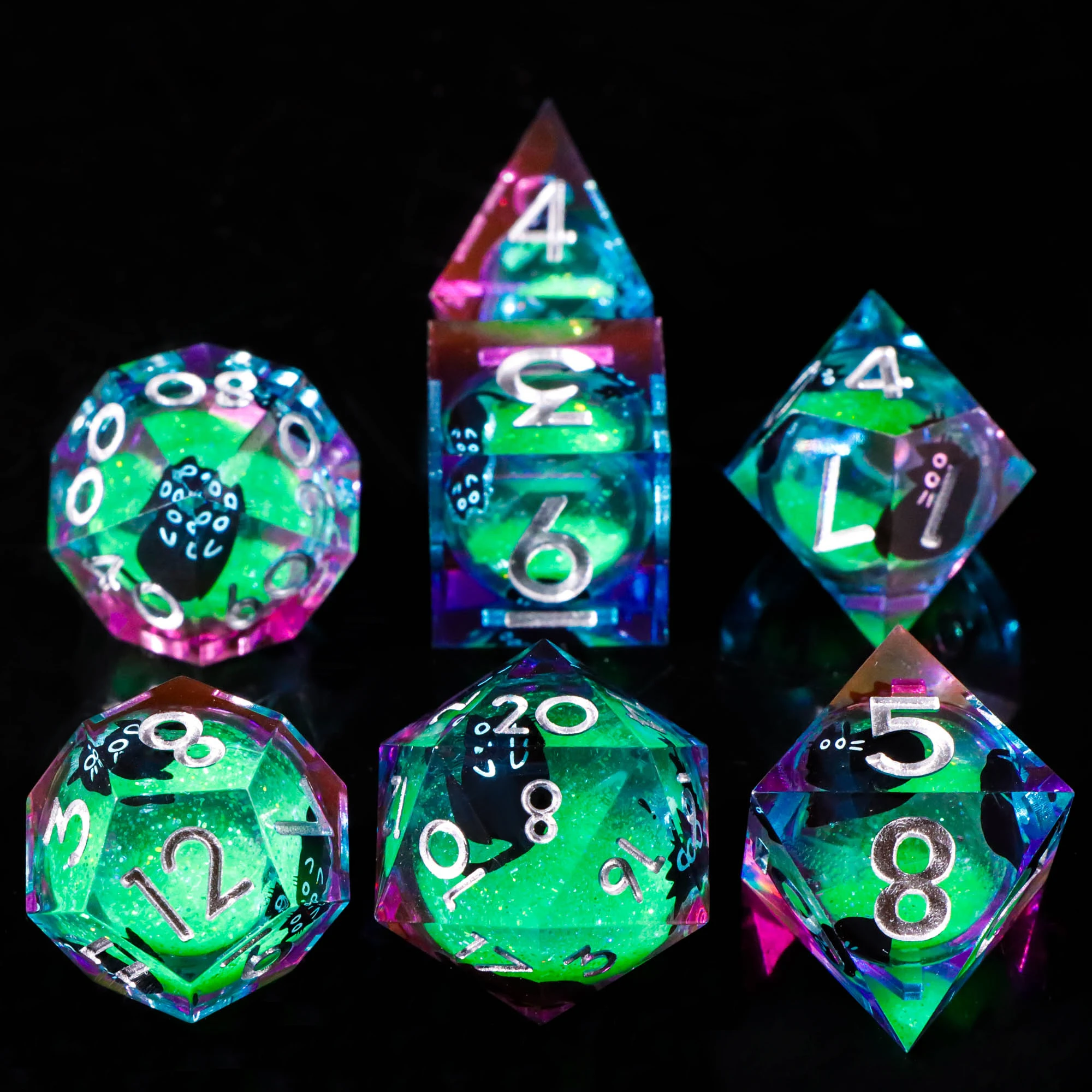 7 قطعة DND مجموعة نرد مع السائل الأساسية لطيف القط تصميم الزنزانات التنين D & D حافة حادة لعب الأدوار مكعبات الألعاب للاعبين