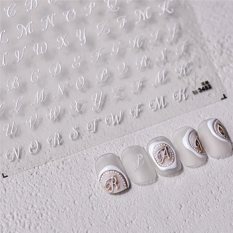 Romantic White Black Capital English Letters Chic Gold Punk Colorful Stamp Word 3D Self Adhesive Nail Art Sticker Manicure Decal