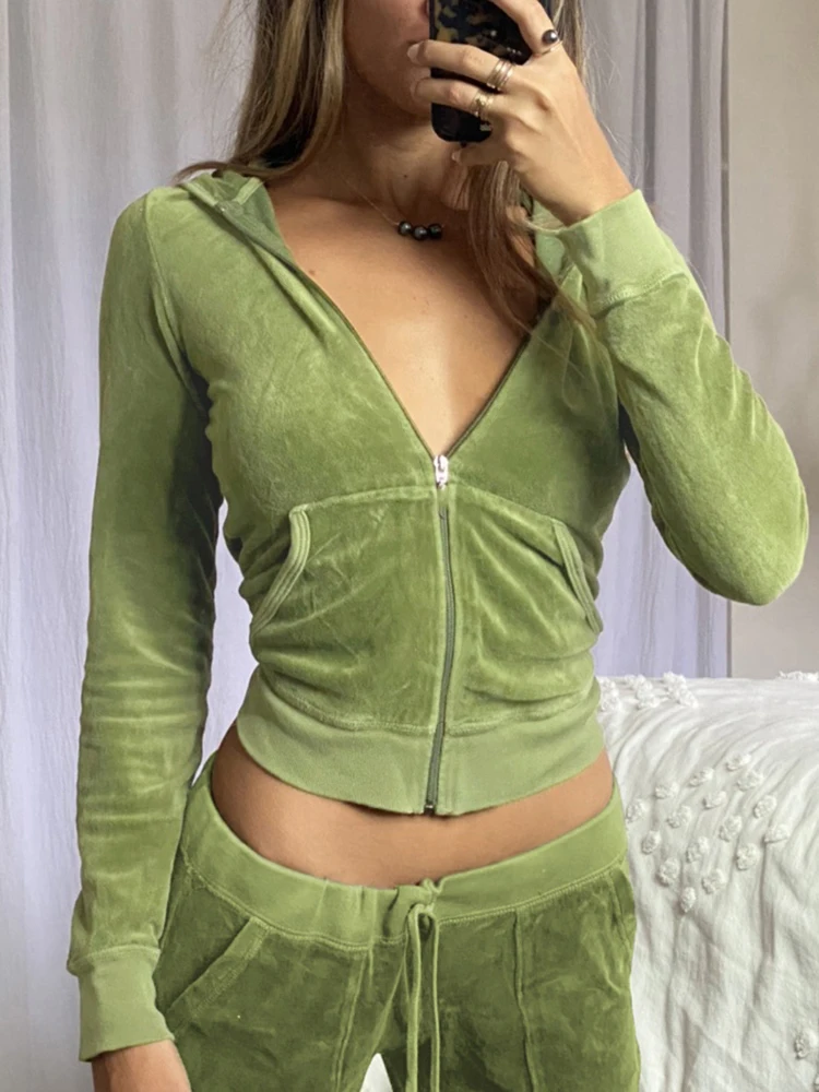 Casual Velvet Crop Top giacca invernale donna verde rosa Zip Up felpe con cappuccio cappotti moda donna Skinny soprabito Streetwear Jacket