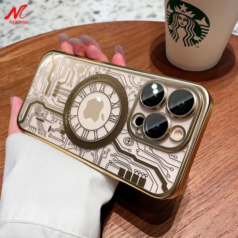 New Circuit Pattern Magsafe Case for iPhone 16 Pro Max 11 12 13 14 15 Pro Max Plus Luxury Plating Lens Protector Silicon Cover