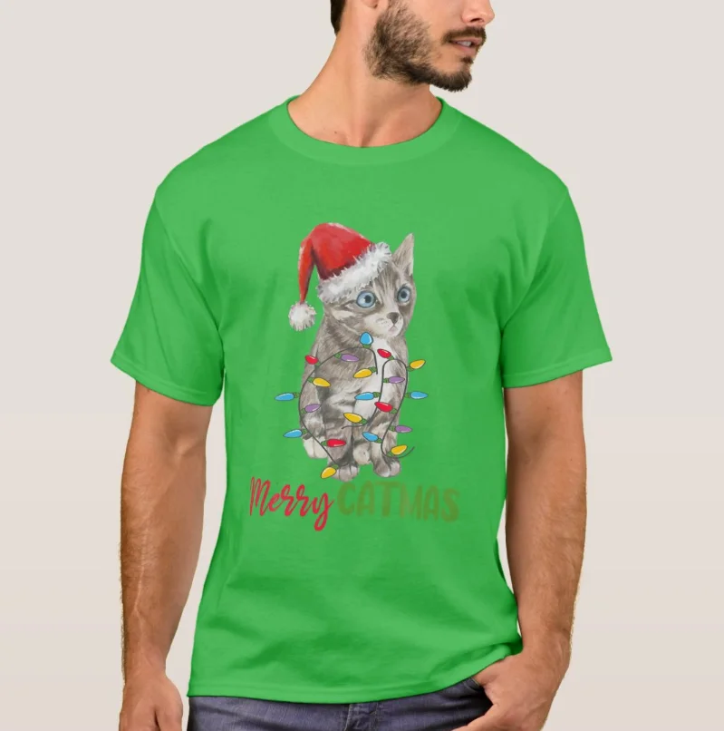 Christmas Gray Tabby Cat Ugly Xmas Tree Lights Pajama T-Shirt 100% Cotton O-Neck Short Sleeve Casual Mens T-shirt Size S-3XL