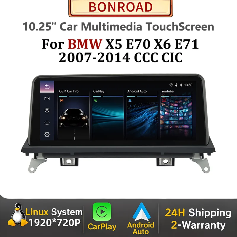 Autoradio sans fil CarPlay Android Auto 10,25'' pour BMW X5 X6 E70 E71 2007-2014 système CCC CIC, navigation GPS, lecteur multimédia