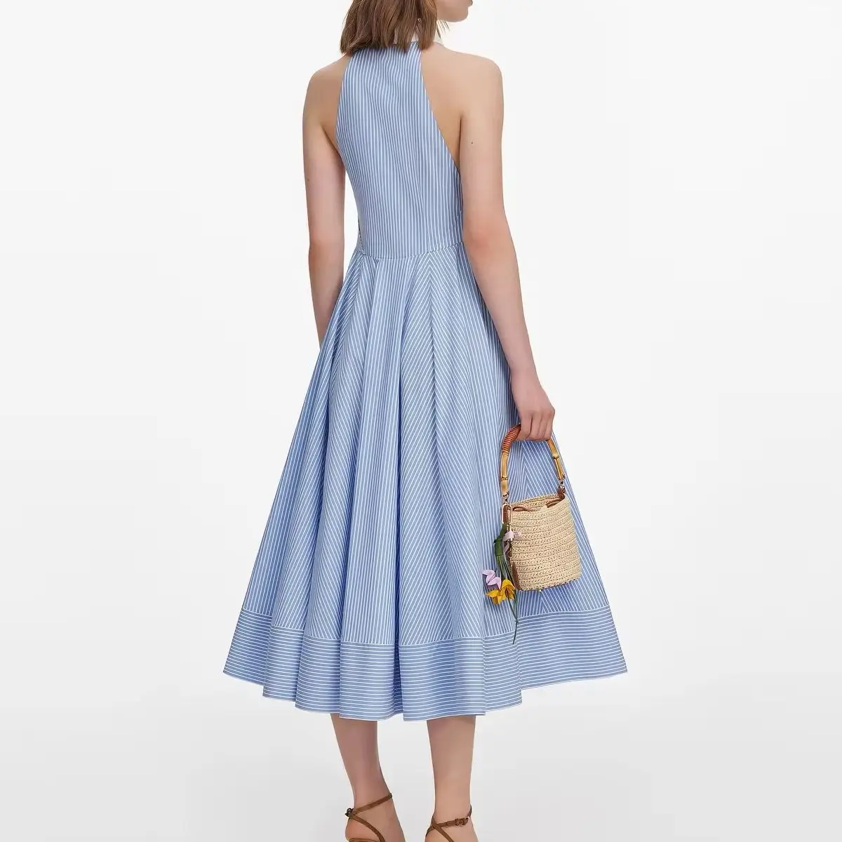 2026 Women Mist Blue Stripe Dress Turn-Down Collar Sleeveless Single Breasted Fashion Ladies Midi Robe ﻿
